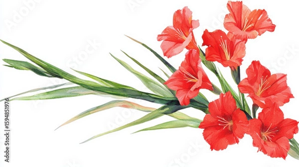 Fototapeta Vibrant watercolor botanical illustration featuring red flowers and green leaves, showcasing natural beauty and elegance