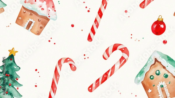 Fototapeta Watercolor candy canes, gingerbread houses, and festive decorations create cheerful holiday pattern