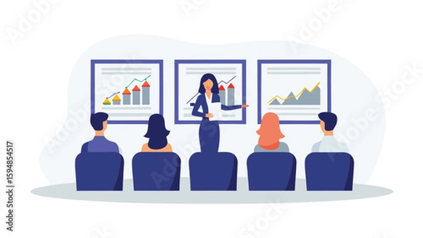 Fototapeta Woman presenting charts to an audience in a meeting room with graphs and data visualization shown