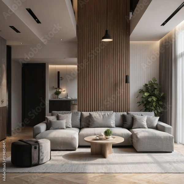 Fototapeta Modern loft living room with comfortable grey sectional sofa, wooden accent wall, large window. Features minimalist furniture, neutral color palette, natural light creating cosy, stylish atmosphere.