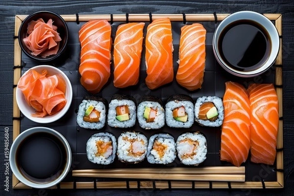 Obraz Exquisite Sushi Platter Featuring Salmon Nigiri, Colorful Maki Rolls, and Fresh Wasabi on Display