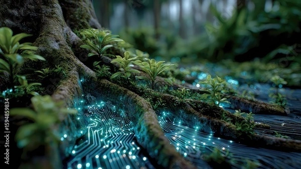 Fototapeta Nature blends with futuristic technology through glowing roots and circuits, visualizing harmony between ecosystems, biotech innovation, and sustainable tech design.
