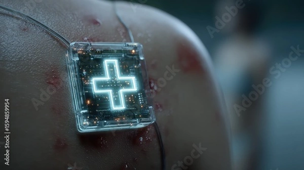 Fototapeta Neon bio-chip implant glows beneath skin surface, symbolizing futuristic healthcare interfaces, biomedical tracking, and personalized diagnostics through wearable medical chips.