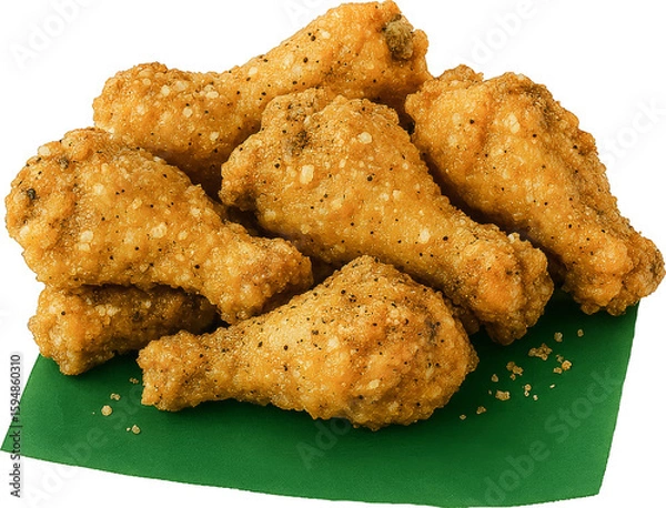 Fototapeta Lemon Pepper Wings Close up. Crispy lemon pepper chicken wings stacked on green paper, isolated on white background.