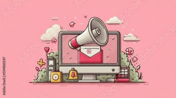 Fototapeta Newsletter notification pops up on digital screen with envelope, subscribe icon, and bell indicator.