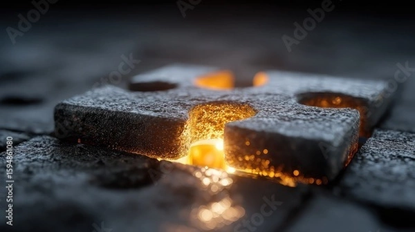 Fototapeta One glowing puzzle piece snapping into bright empty slot, symbolizing breakthrough in understanding or solution clarity.