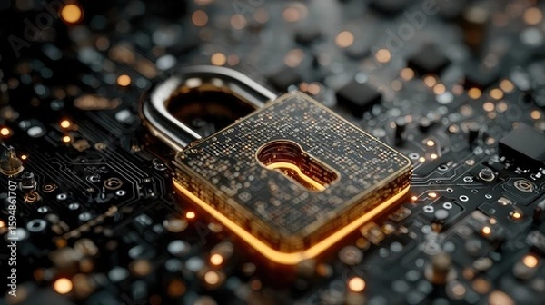 Fototapeta Padlock-shaped circuit board pulses with digital firewall code, symbolizing encrypted network security system, cyber architecture, and data protection technology in action
