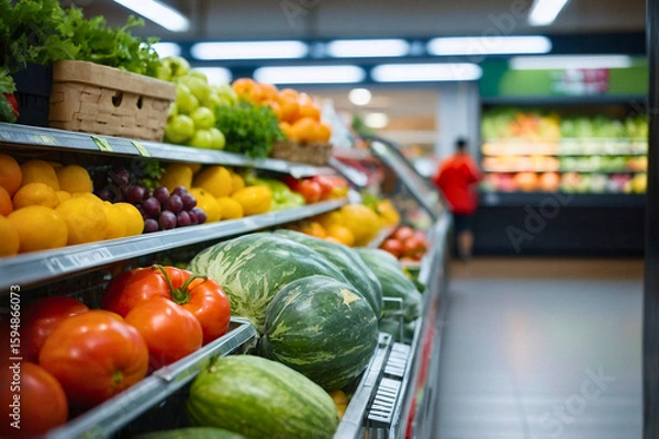Fototapeta Fruits and vegetables in the refrigerated shelf of a supermarket