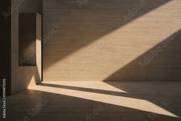 Fototapeta 따뜻한 타일 벽면과 햇빛 그림자, 분리된 배경. 생동감 넘치고 명료한 구조와 조형미가 돋보이는 현대 건축 인테리어 구성