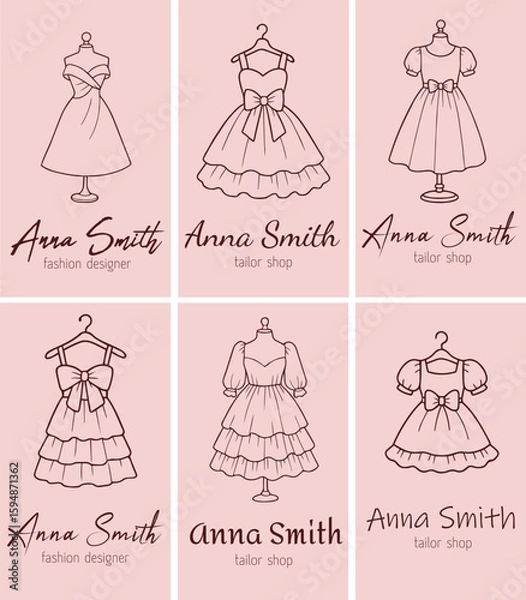 Obraz A refined set of 6 business card templates for fashion designers or tailor shops, featuring hand-drawn dresses on mannequins and hangers. 