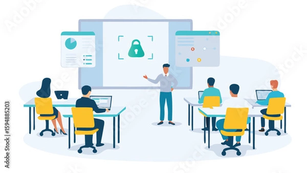 Fototapeta Illustration of a security training session with instructor and students using laptops in a classroom setting