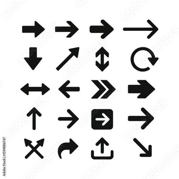 Fototapeta Collection of diverse arrow silhouettes isolated on white background