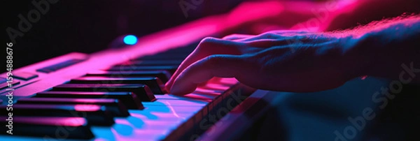 Fototapeta Electronic keyboard player close-up in magenta lighting, music blog banner with dramatic shadows, 3:1 header image for website or digital content, copy space on the left