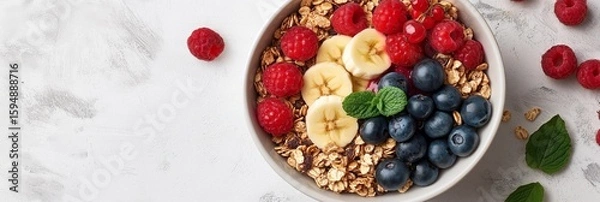 Fototapeta Healthy breakfast bowl with granola, berries, and banana, 3:1 banner for food blog or wellness website, top view with soft cream background and copy space on the left