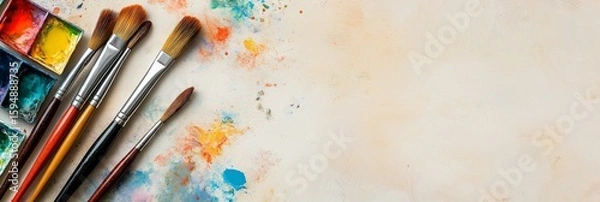 Fototapeta Paintbrushes and watercolor palette on textured surface, 3:1 banner for artist blog or creative website, colorful tools left-aligned, soft beige background with copy space on the right