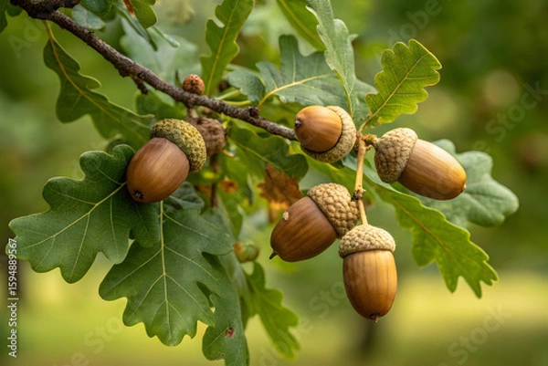 Fototapeta acorns on oak tree branch closeup