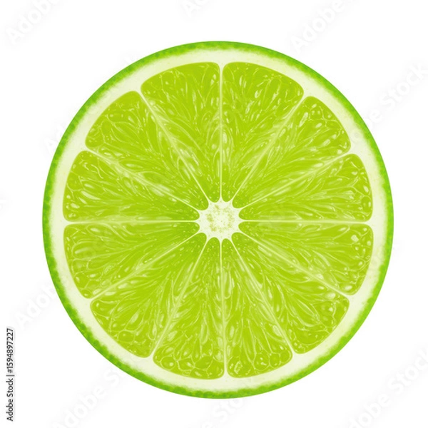 Fototapeta A single, perfectly cut, vibrant green lime slice, juicy with translucent pulp and thin rind, isolated on a pristine transparent studio background with no shadows, commercial food photography concept