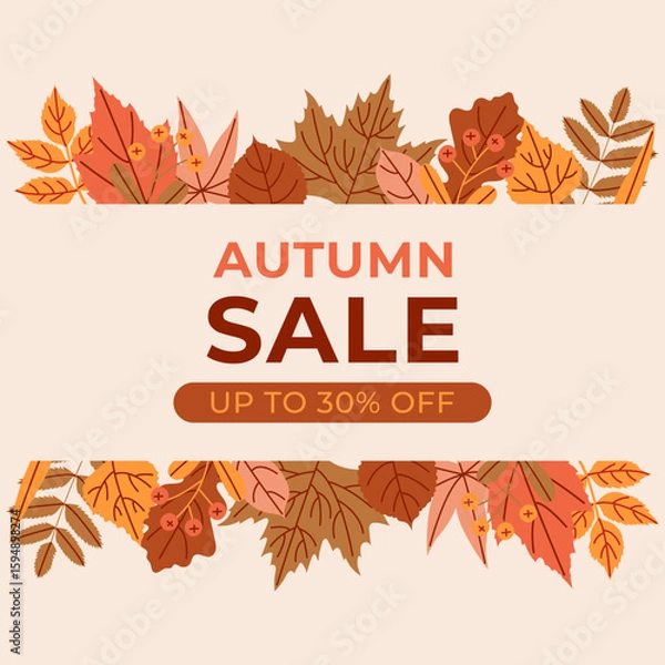 Fototapeta Autumn poster template with 30% discount with colorful leaves. Vector square seasonal sale banner.