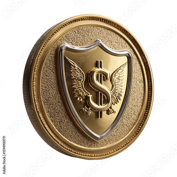Fototapeta A golden coin with a winged dollar symbol on a shield, isolated on transparent background, signifies financial freedom and security