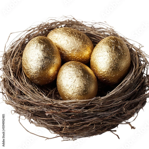 Fototapeta A birds nest cradles four golden eggs, representing abundance and the promise of spring, isolated on transparent background