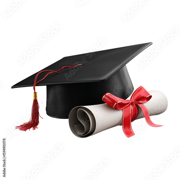 Fototapeta A graduation cap and diploma tied with a red ribbon isolated on transparent background, symbolizing academic achievement and educational success