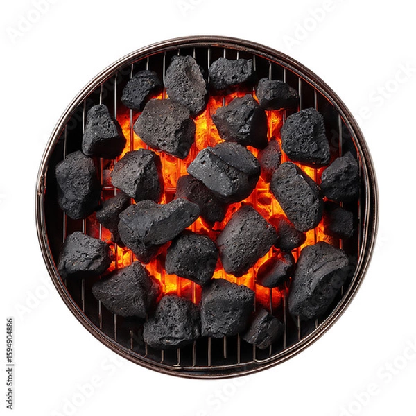 Fototapeta Hot charcoal briquettes on a round grill are ready for cooking, radiating heat and promising a delicious barbecue, isolated on transparent background