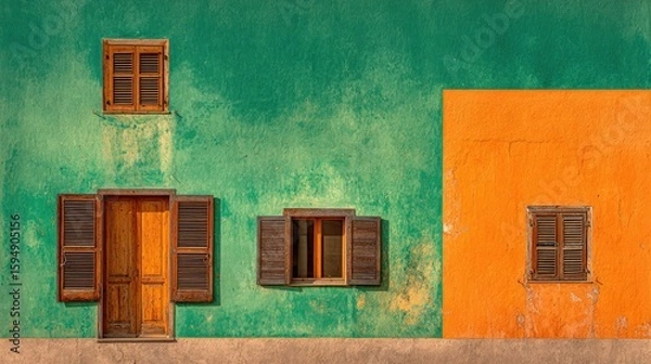 Fototapeta Vibrant colors paint a facade of a building with shutters.