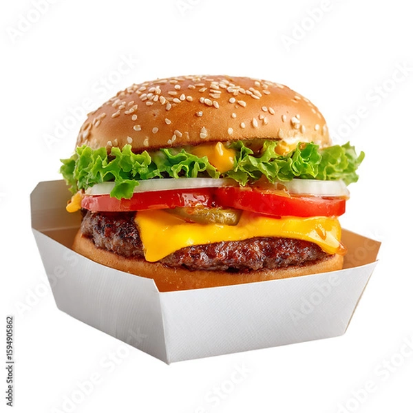 Fototapeta A delicious cheeseburger with fresh toppings is isolated on transparent background, tempting with its classic fastfood appeal