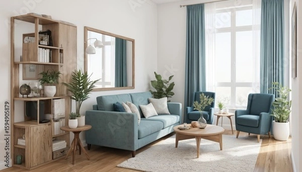 Obraz Modern Scandinavian apartment living room features teal sofa, two armchairs, coffee table. Wooden bookshelf, parquet floor, large windows with blue curtains create bright, cozy atmosphere. Home