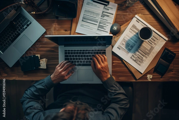 Fototapeta Work Desk with Laptop and Documents