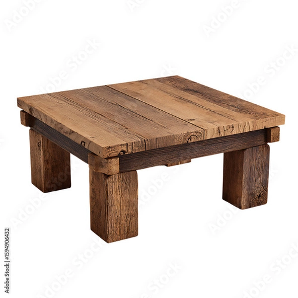 Fototapeta A square wooden coffee table with a rustic design, isolated on transparent background, perfect for adding a vintage touch to any living room