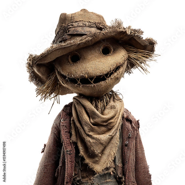 Fototapeta A creepy scarecrow with a stitched smile and straw hair stands isolated on transparent background, ready to haunt your halloween dreams