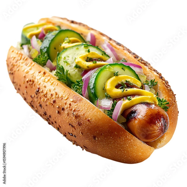 Fototapeta A gourmet hotdog with cucumber, red onion, and mustard is isolated on transparent background, showcasing a delicious and fresh take on a classic