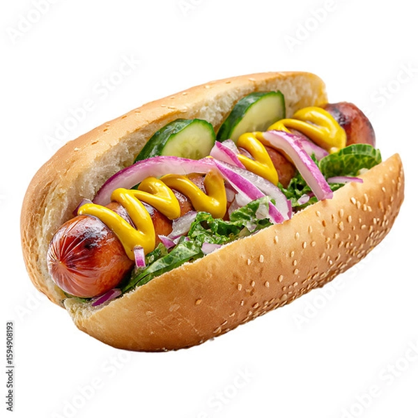 Fototapeta A tasty hotdog isolated on transparent background is dressed with mustard, cucumber, and onion, making it a satisfying meal