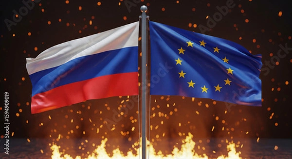 Fototapeta Large Russian and European Union flags waving apart with sparks and embers in foreground, dark background with soft smoke glow, stylized dramatic effect