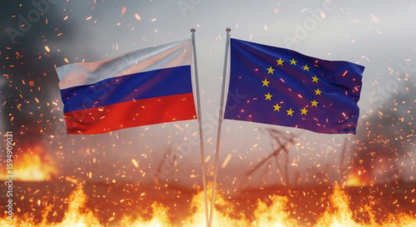 Fototapeta Large Russian and European Union flags waving apart with sparks and embers in foreground, dark background with soft smoke glow, stylized dramatic effect
