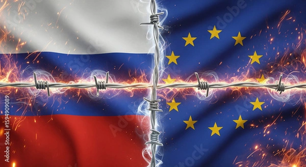Fototapeta Russia and EU flags in textured cloth design with barbed wire fence glowing in the center, surrounded by smoke and fire particles, dramatic JPG image