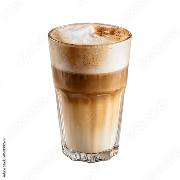 Fototapeta A layered latte with steamed milk and espresso, topped with a delicate layer of froth in a clear glass isolated on transparent background
