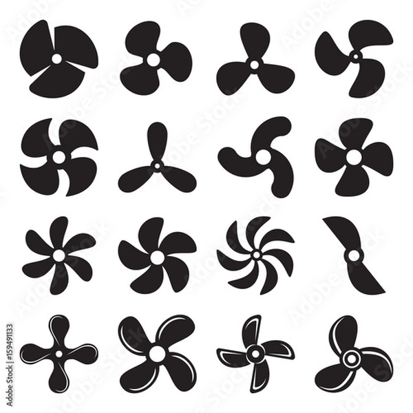 Fototapeta Propeller screw icons. Collection of 16 black pictograms isolated on a white background. Vector illustration