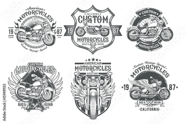 Obraz Ustaw czarne odznaki wektorowe, emblematy z niestandardowym motocyklem. Drukuj, szablon, element projektu reklamowego dla klubu motoryzacyjnego, warsztat naprawczy motocykli