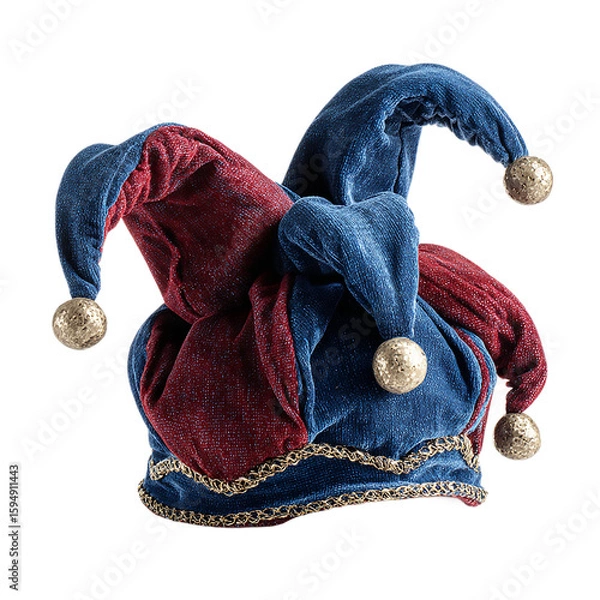 Fototapeta A vibrant jester hat with blue and red velvet, adorned with golden bells, isolated on transparent background