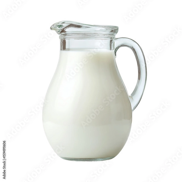 Fototapeta A clear glass pitcher filled with fresh, creamy milk stands ready to pour, isolated on transparent background, offering a refreshing drink