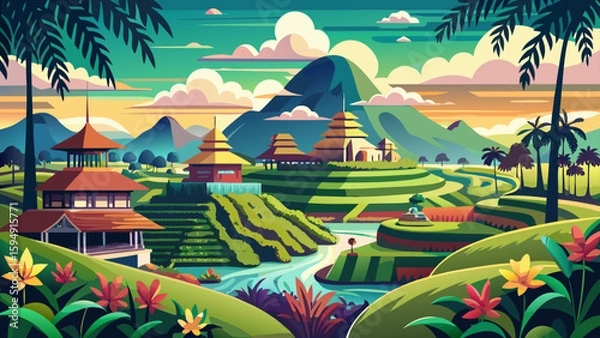 Fototapeta Ubud, Bali, Indonesia – Lush rice fields and artisan shops surround this spiritual village. Nature and creativity harmonize in a dreamlike vector-ready environment.