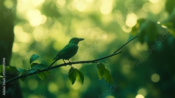 Fototapeta Emerald Bird Perched on Branch, Sun-Dappled Forest Backdrop, Serene Nature Scene