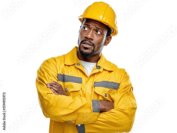 Fototapeta Focused Builder: A construction worker stands in the studio, deep in thought. Captured with a realistic style, this shot embodies determination and concentration.