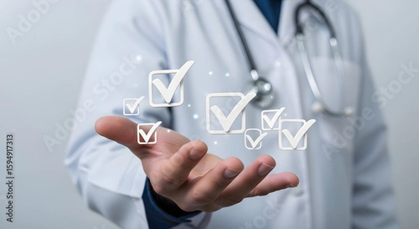 Fototapeta Doctor presenting digital checkmarks, signifying completed tasks or successful medical procedures.
