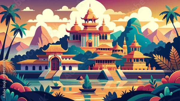 Fototapeta Vientiane, Laos – Tranquil riverside temples and colonial buildings define this calm capital. A soft-toned vector composition rich in Buddhist serenity
