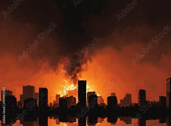Fototapeta A city skyline with buildings on fire and dark clouds in the sky, depicting destruction from an earthquake or natural disaster. The background is a gradient of black to brown, creating a dramatic effe