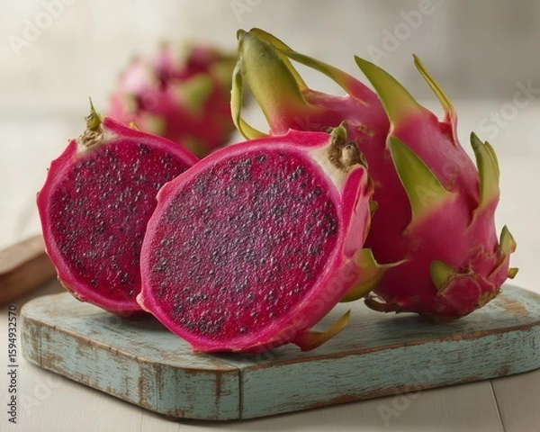 Fototapeta Two halves of a vibrant pink pitaya fruit on a teal cutting board.