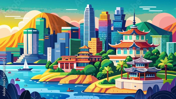 Fototapeta Busan, South Korea – Beaches, skyscrapers, and temples on cliff sides create a city of contrasts, perfect for a vibrant and layered vector illustration.